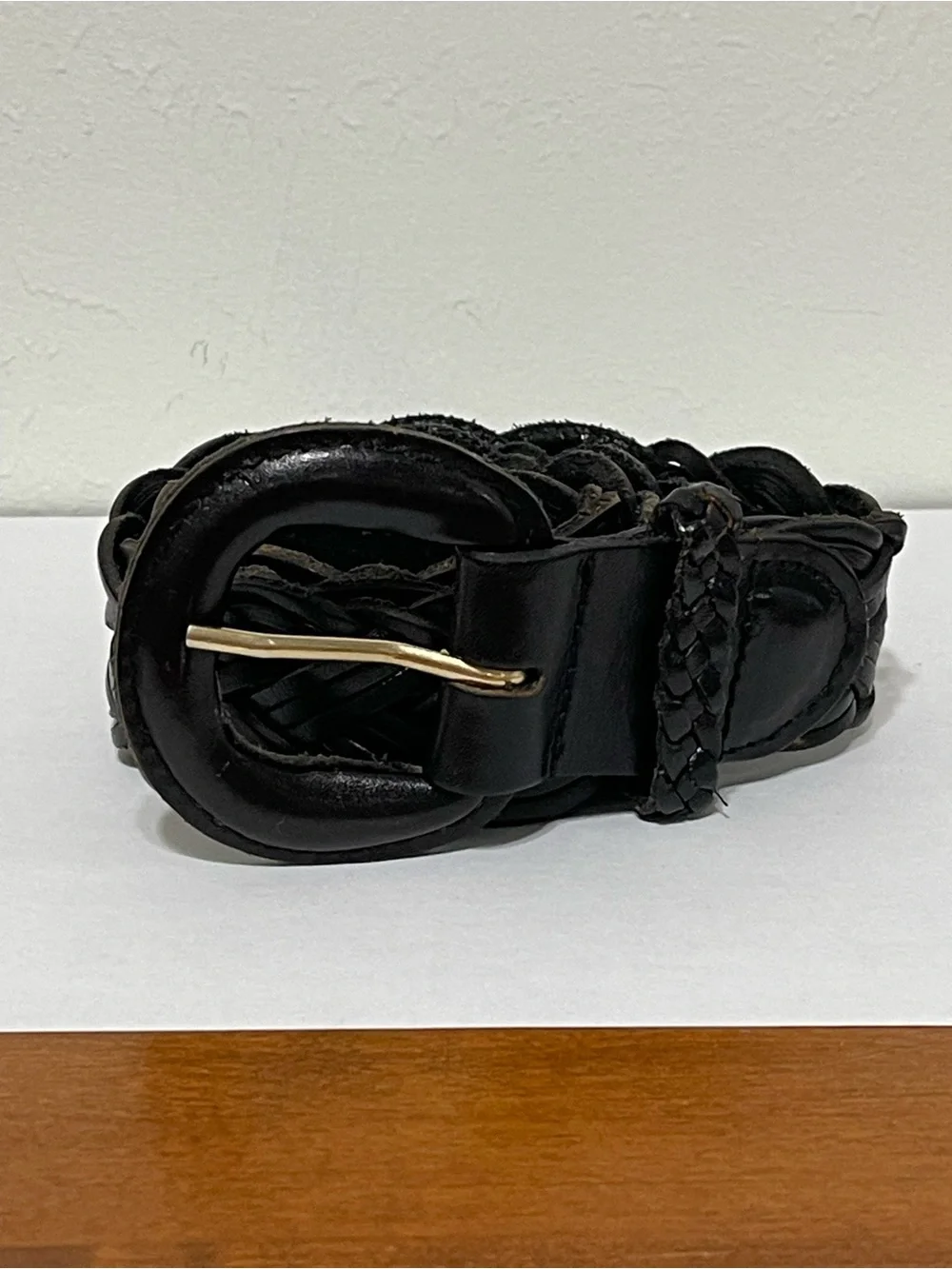 Vintage Fossil Black Woven Braided Leather Belt Leather Wrapped Buckle Size L